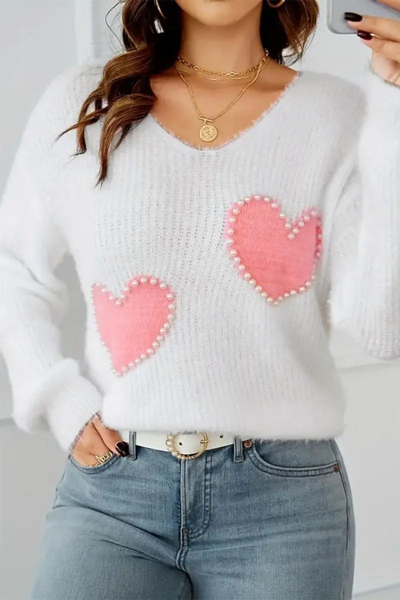 White Pearl Beaded Heart Pattern Fuzzy V Neck Sweater - Love Salve